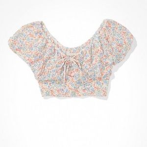 American Eagle Cropped Puff Sleeve Tie Front Tee